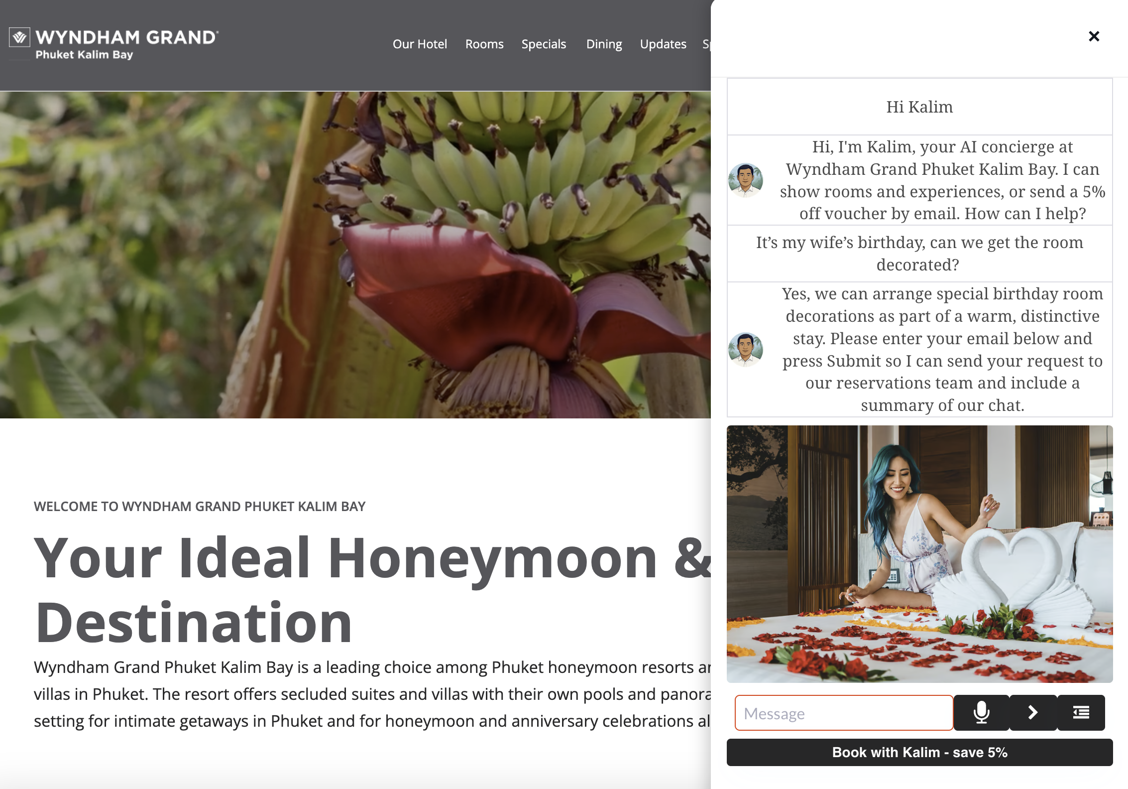 Kalim Guest Envoy answering a birthday room decoration question on the Wyndham Grand Phuket Kalim Bay website